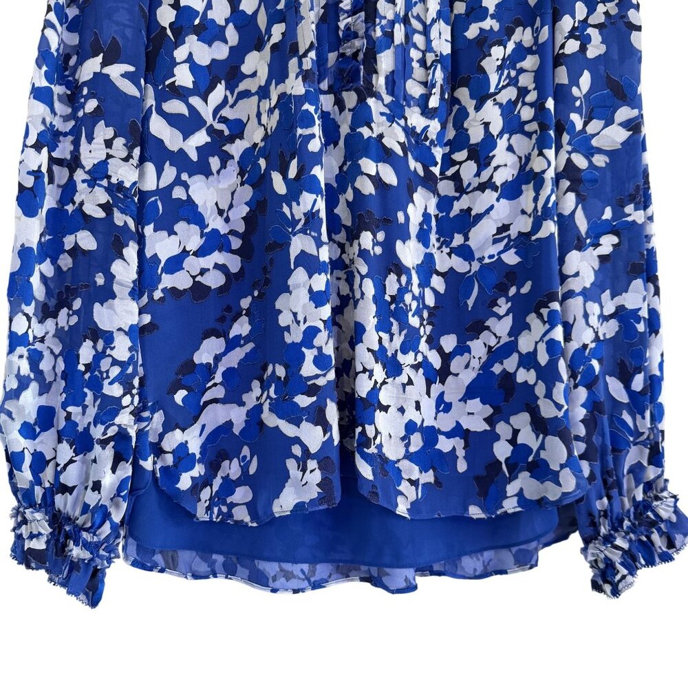 Women’s Elie Tahari Blue White Floral Silk Blend Ruffle Blouse Size Small - Picture 3 of 12